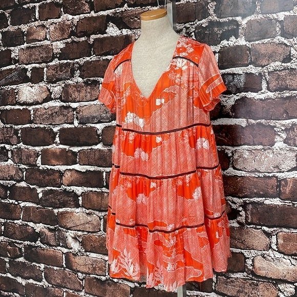 Urban Outfitters Dress Women's Medium Orange Floral Short Sleeve V-Neck A-Line - Picture 6 of 16
